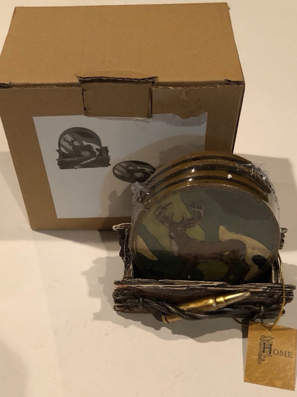 Hunter Brown Camouflage Deer Coasters with Rustic Holder